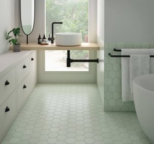 carrelage hexagonal moderne sol salon séjour motif beige appartement Mauguio