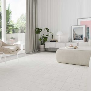 calepinage déco carrelage format original blanc effet pierre dans un salon séjour d un appartement neuf de saint jean de vedas pour un style neutre et scandinave