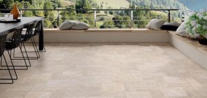 carrelage effet pierre beige opus style authentique aménagement terrasse appartement construction Restinclières