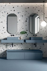 aménagement salle de bain tendance granito plan vasque a poser grès cérame bleu nouveauté a Lavérune